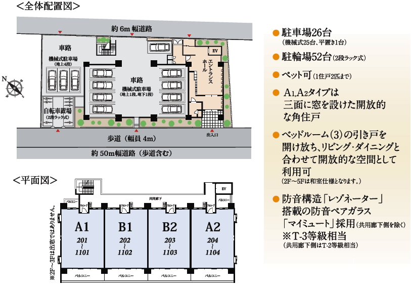 駐車場26台、ペット可能、防音構造
