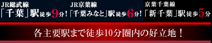 総武線千葉駅徒歩９分、京葉線千葉みなと駅徒歩６分、京成千葉線新千葉駅徒歩５分の好立地