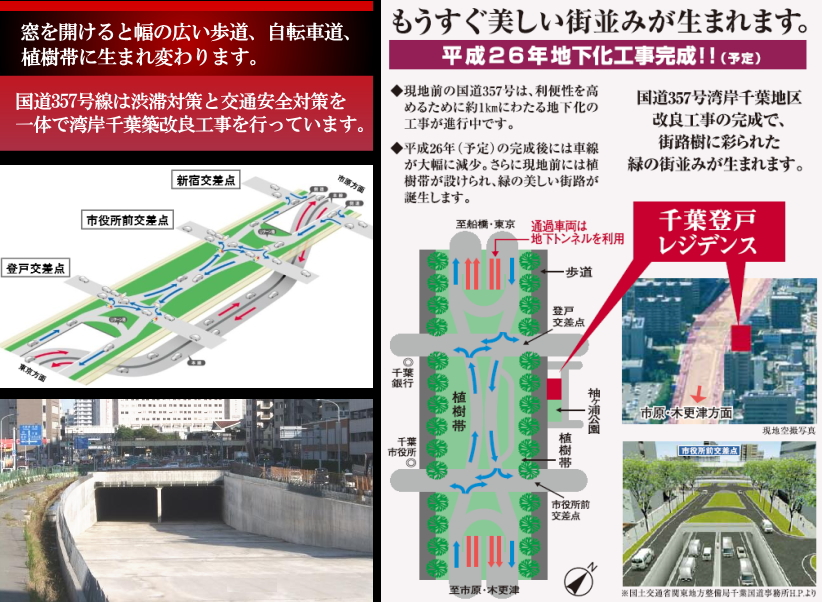 国道357号線は渋滞対策と交通安全対策を一体で湾岸千葉築改良工事を行っています。